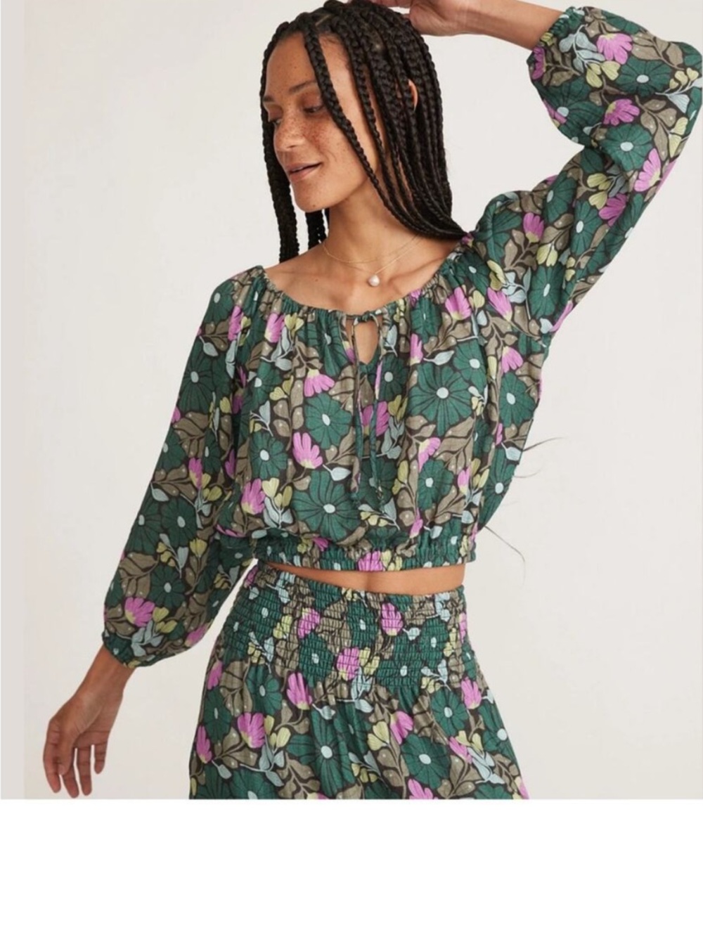 Marine Layer Green Floral Puff-Sleeve Crop Top
